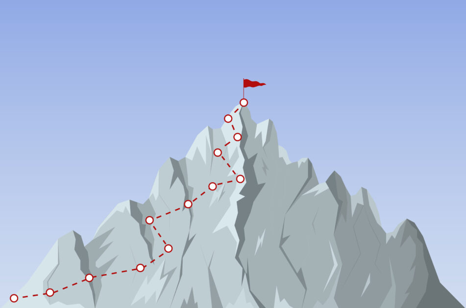gray mountain on blue background with route to the top mapped out in red for managing client expectations