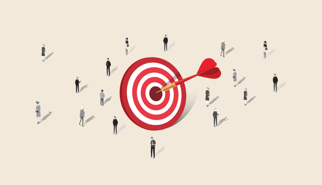 Red and white target with tiny grey people standing around it on a tan background for customer insights
