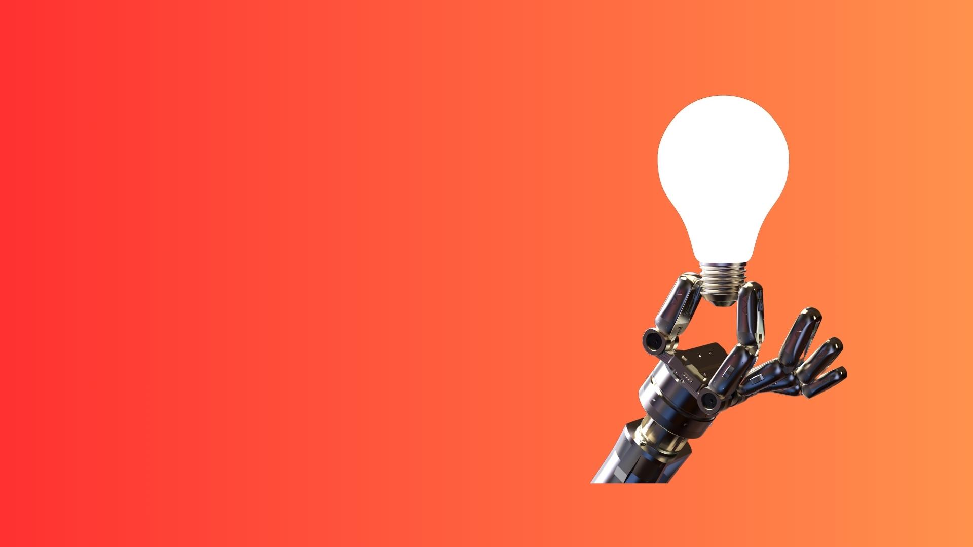 robotic hand holding a lightbulb on red-orange background for AI in ABM