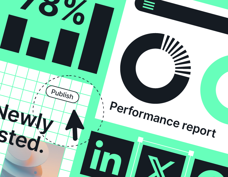 Social media performance and publishing graphic with analytics and platform icons, representing Aventi Group’s paid and organic social media management and execution.