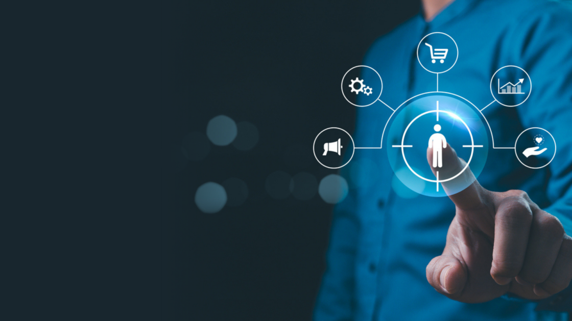 Business professional interacting with a digital interface representing AI-powered customer persona and audience insights.