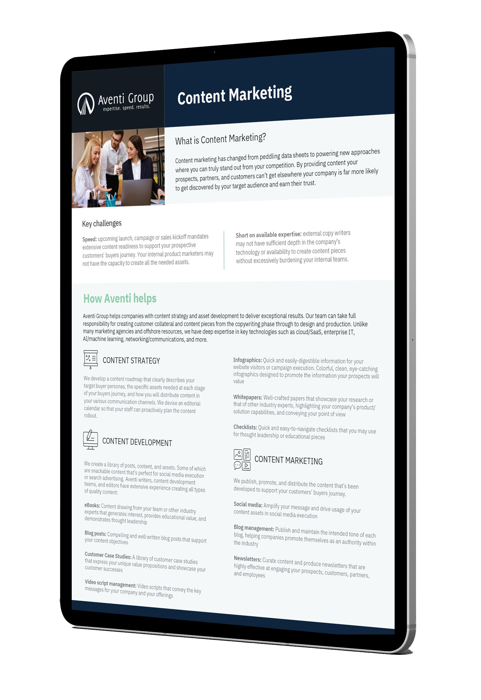 ipad with Aventi Group's content marketing practice breif