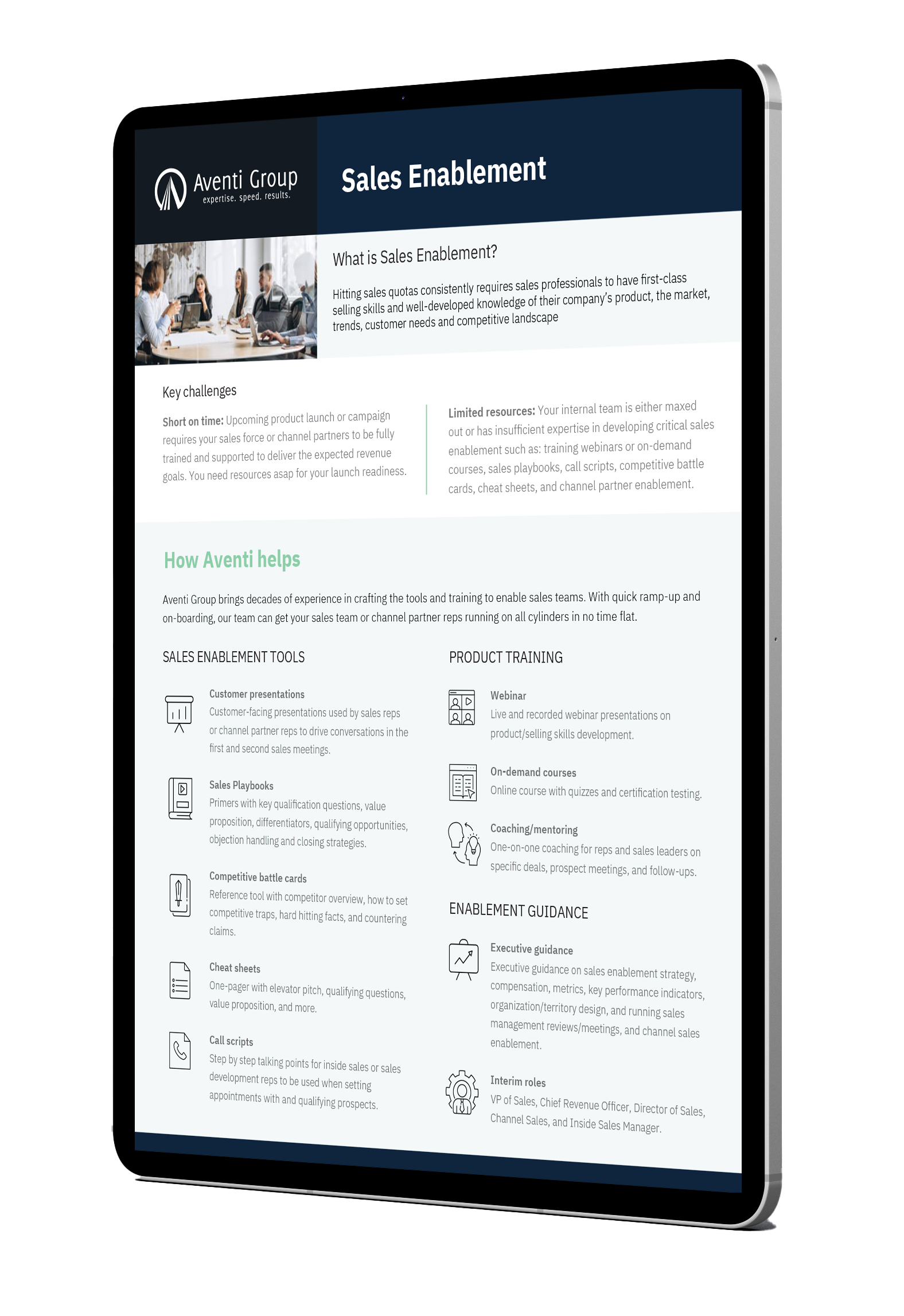 ipad with Aventi Group sales enablement practice brief