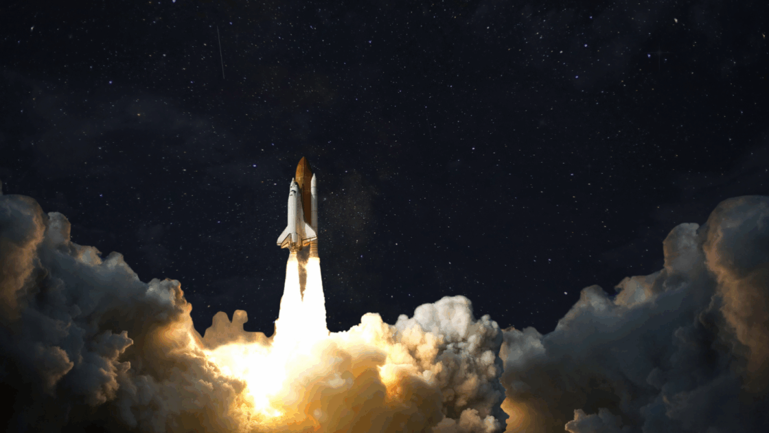 Rocket blasting off through clouds toward a star-filled sky, used by Aventi Group to represent high-impact product launch and go-to-market success.
