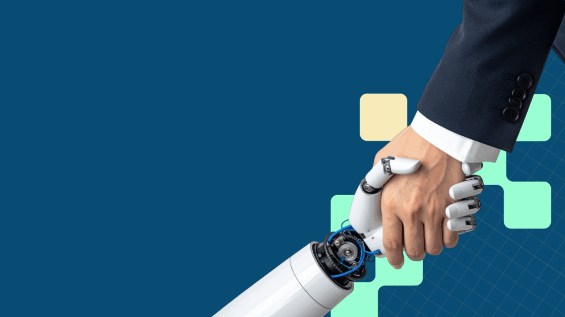 Graphic for Aventi Group’s Chicago CMO Luncheon blog showing a business leader shaking hands with a robotic hand, representing human–AI partnership in modern marketing teams.