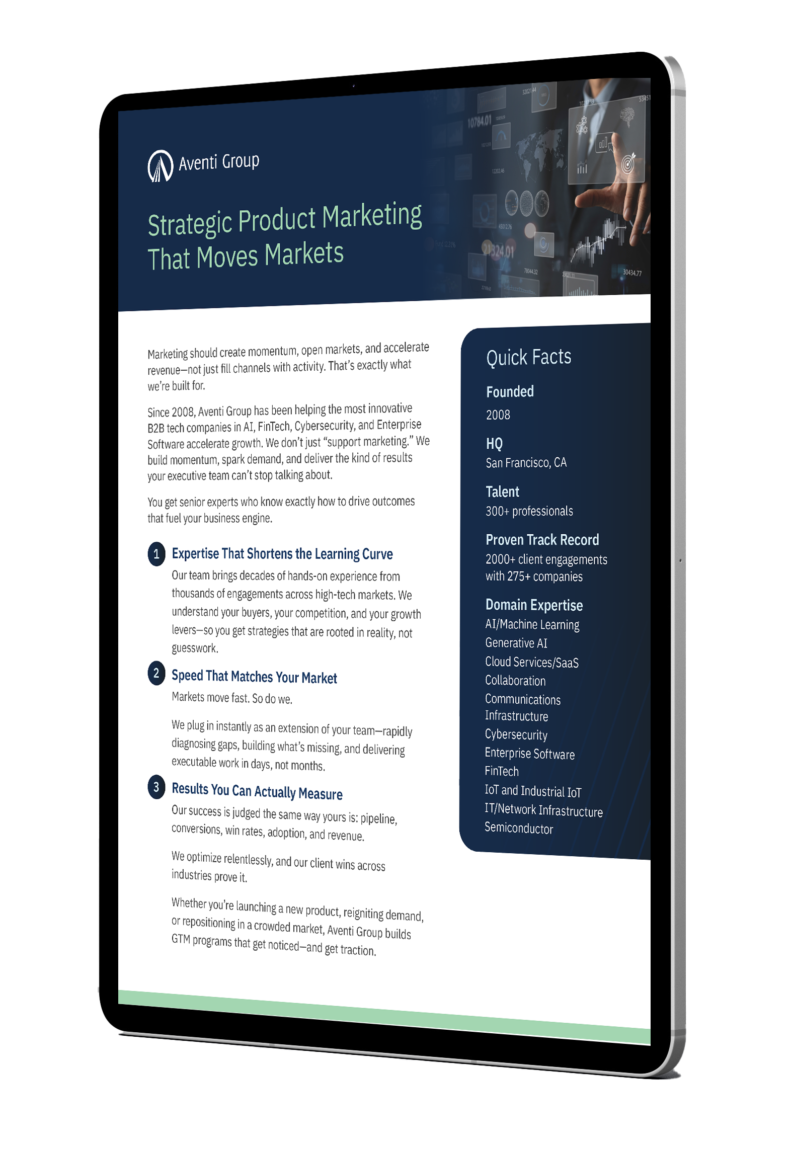 ipad displaying Aventi Group's Overview
