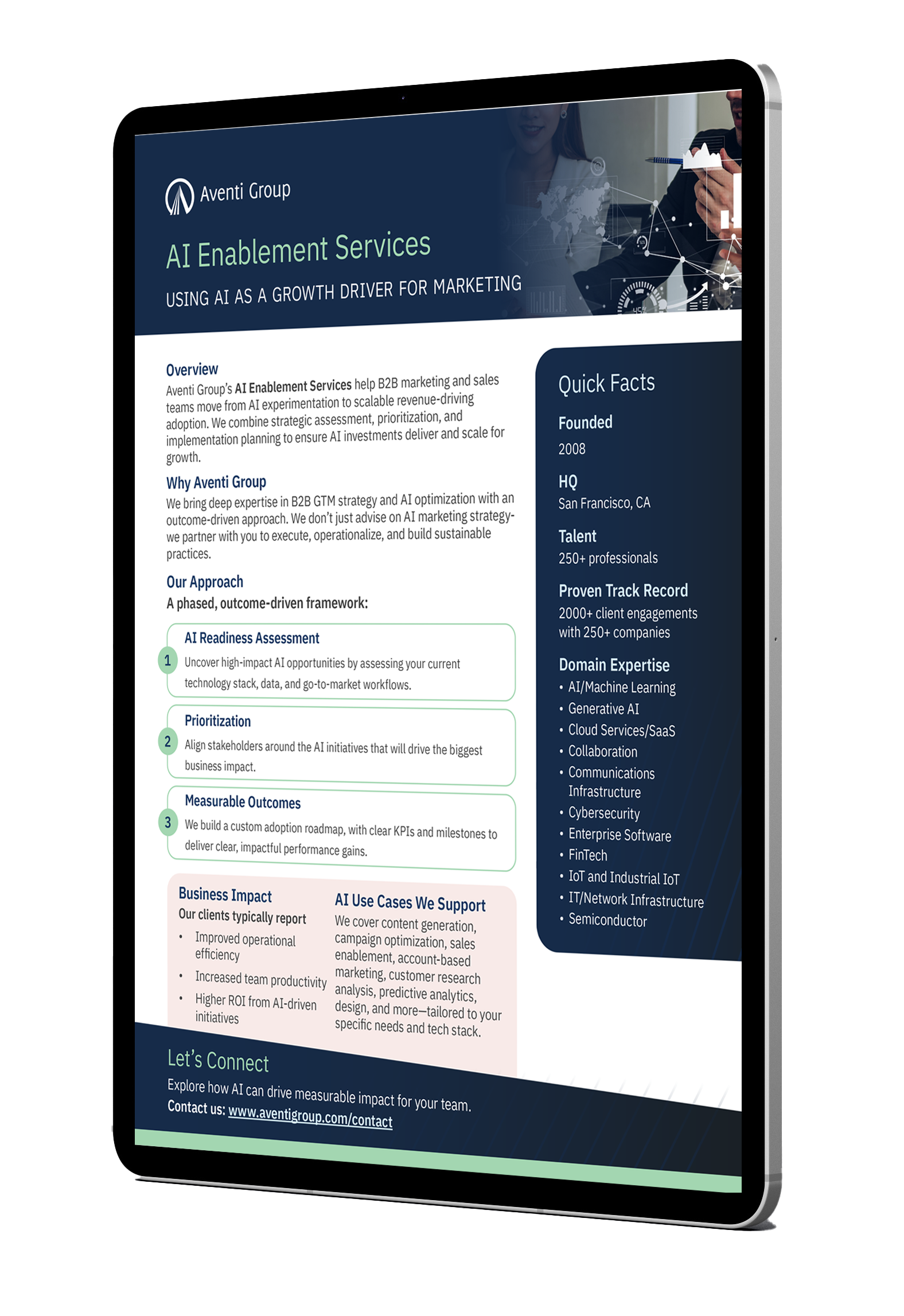 iPad displaying Aventi Group's AI Enablement Services practice brief