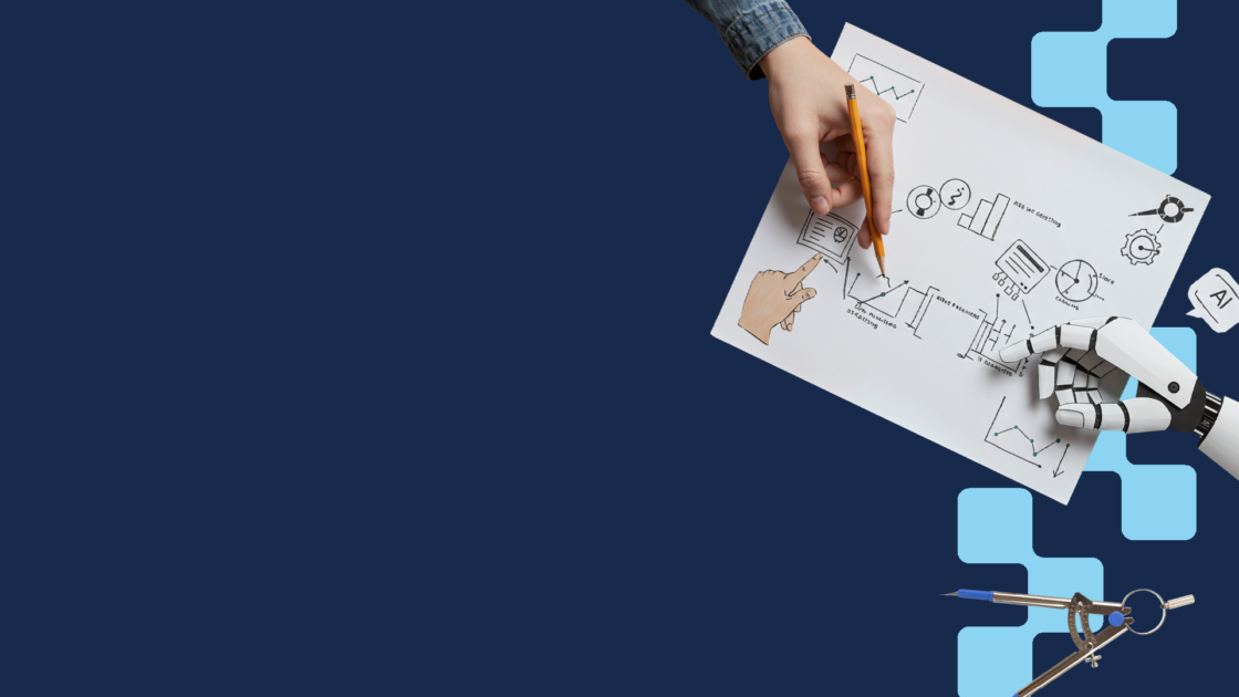 A hand sketches a strategy plan beside a robot illustration on a dark blue background, highlighting AI in Product Marketing.