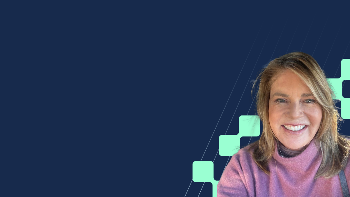 Aventi Group partner, Kate Loomis, smiling against a blue background with ascending graphic elements, representing confidence and strategic progress in building first-call sales decks that create strong first impressions.