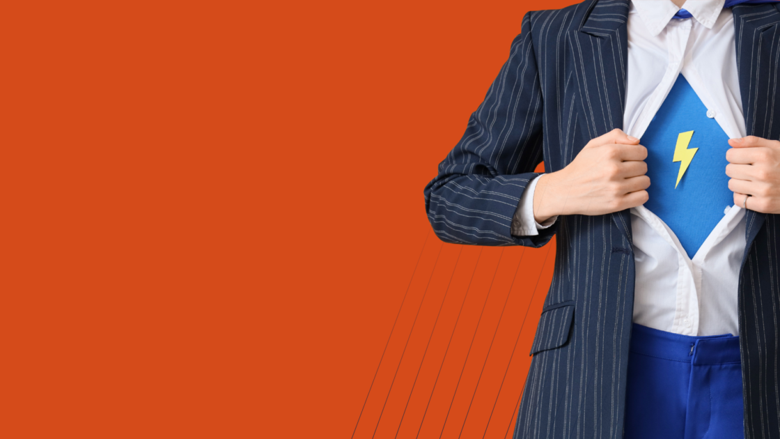 Product Marketing and AI illustration of a business professional opening a shirt like a superhero, symbolizing how artificial intelligence can boost productivity and creativity—or create risks if used without care.