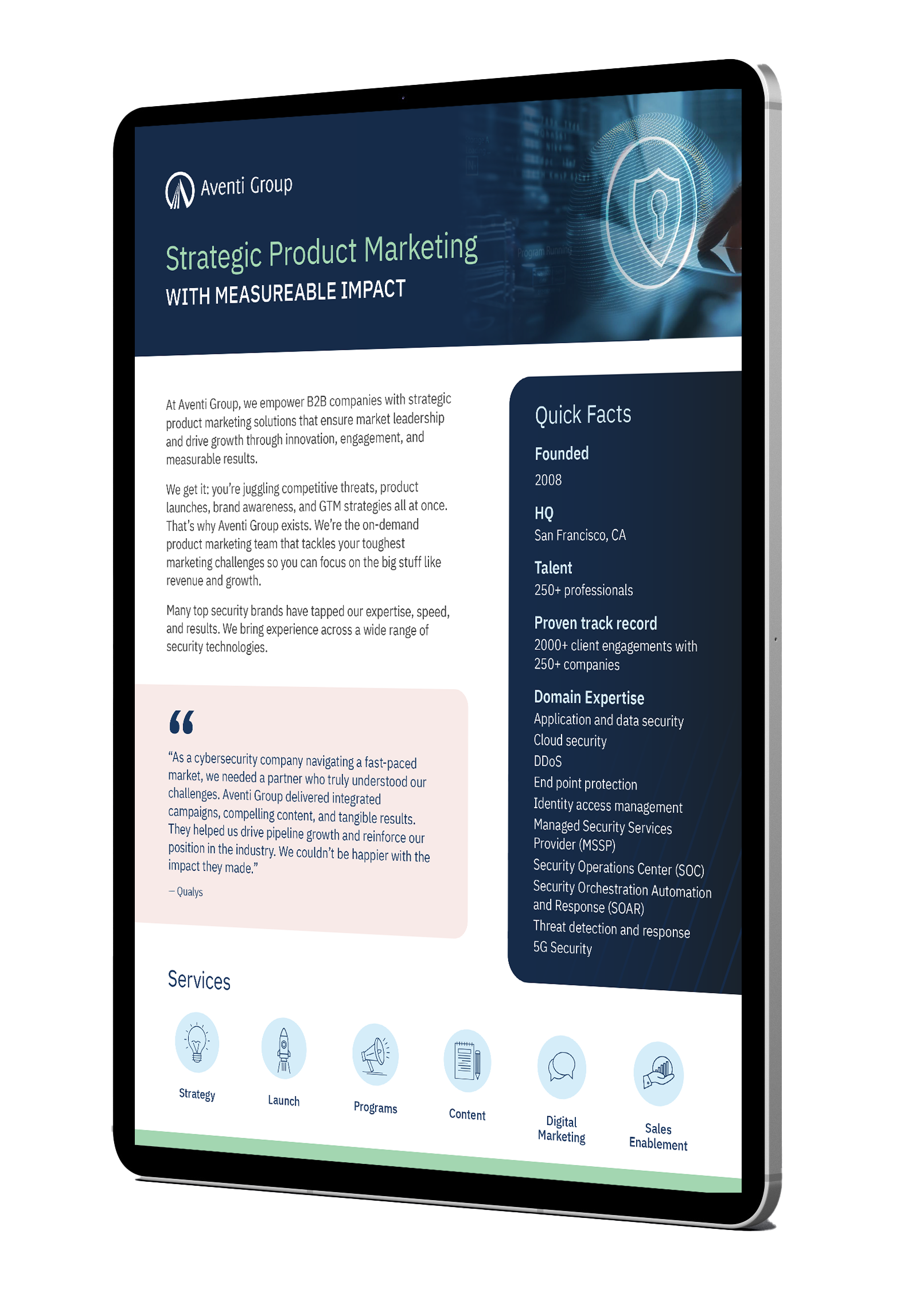 iPad displaying Aventi Group's cybersecurity practice brief