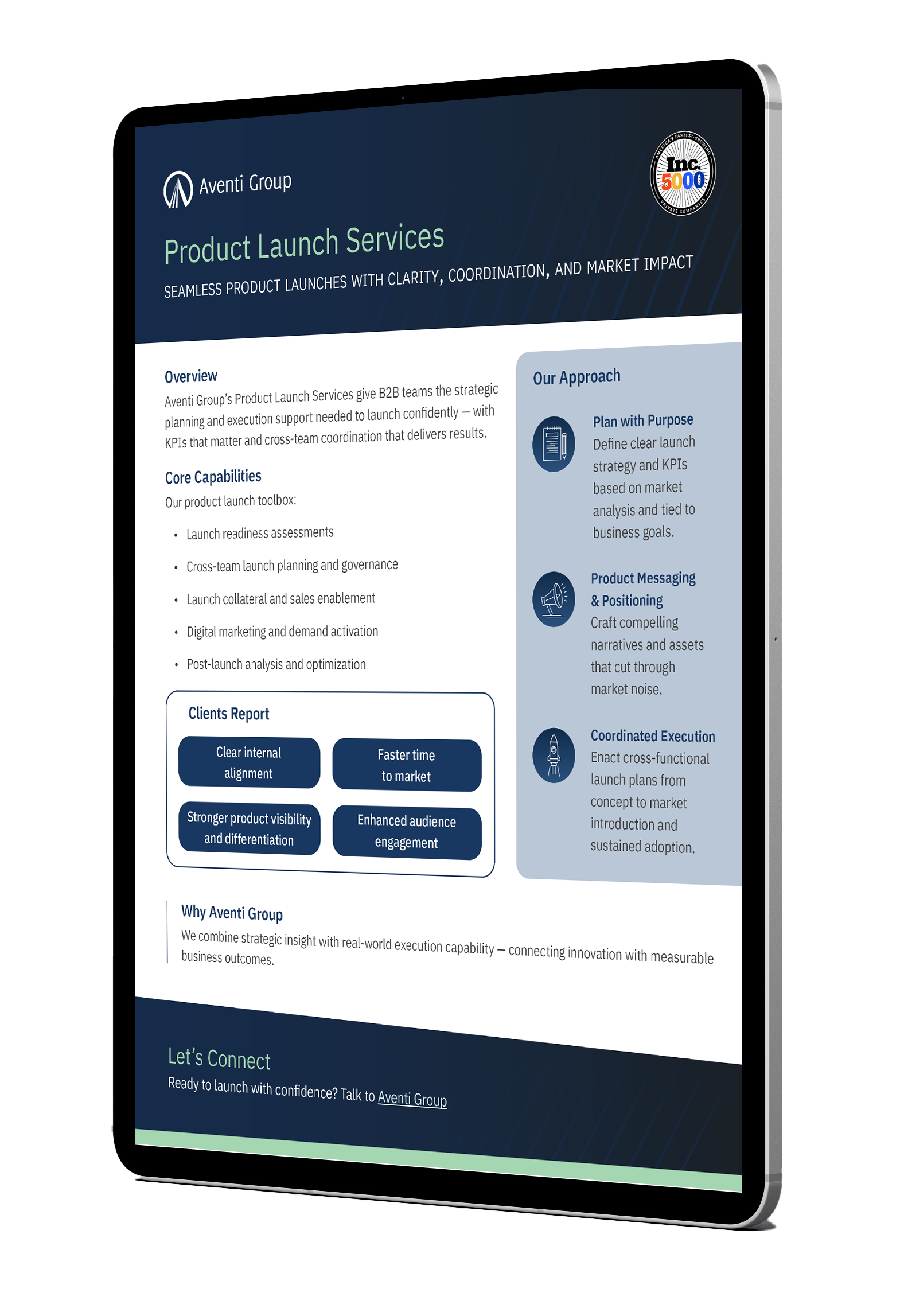 iPad displaying Aventi Group's Product Launch Practice Brief