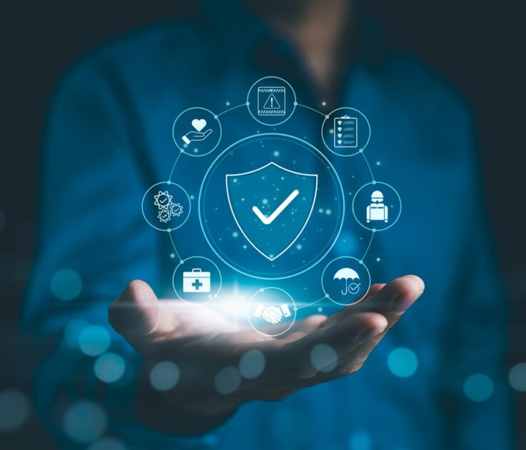 A person with work safety and compliance icons, including a shield, hard hat, checklist, workplace safety, health protocols, and regulatory compliance for Aventi Group's cybersecurity services