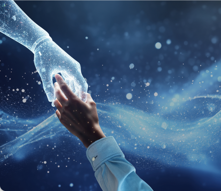 Human hand reaching toward a glowing digital hand, symbolizing collaboration between product marketers and AI to accelerate impact and go-to-market execution in the first 90 days.