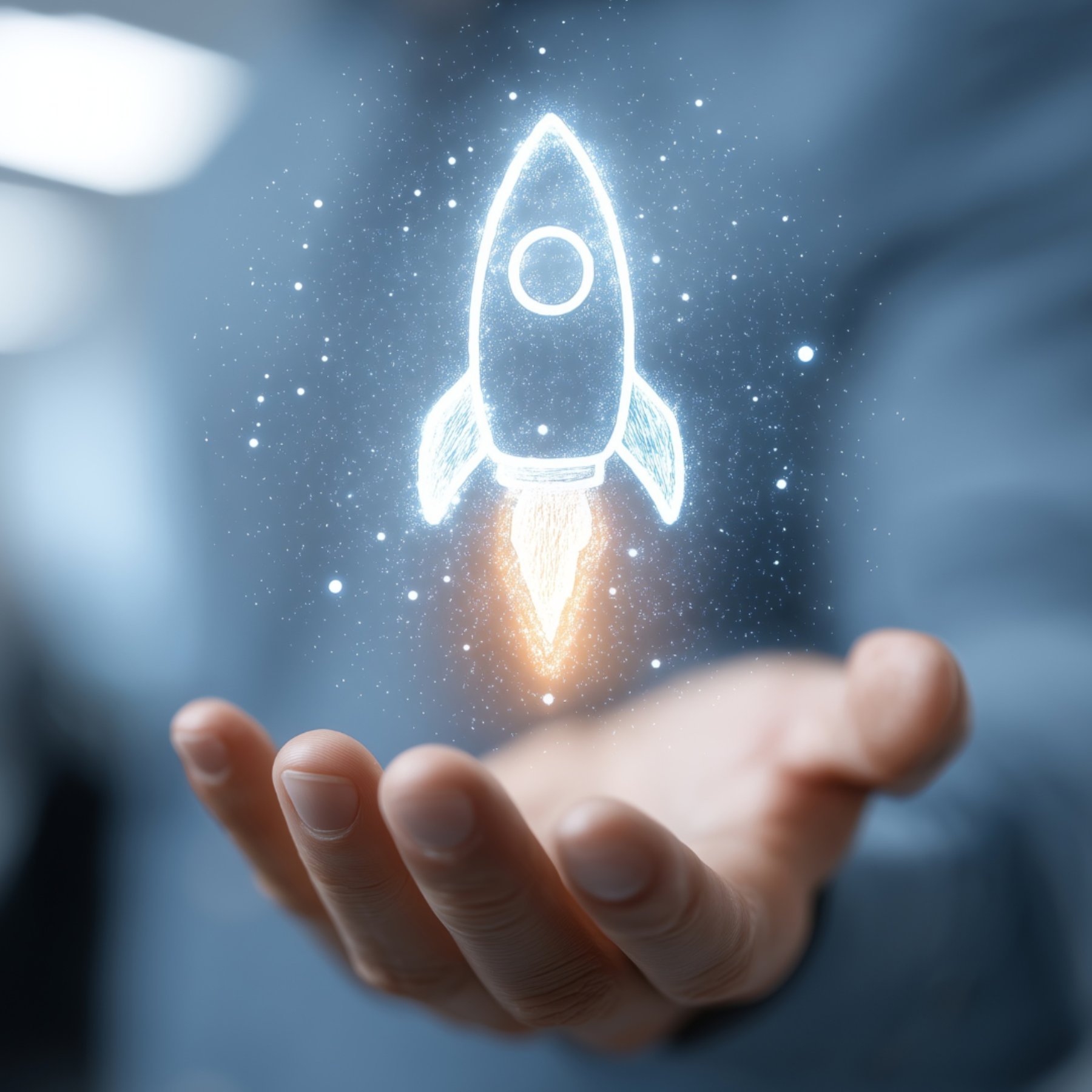 A glowing rocket lifting off from an open hand, symbolizing Aventi Group’s speed, precision, and rapid time-to-value in product marketing execution.