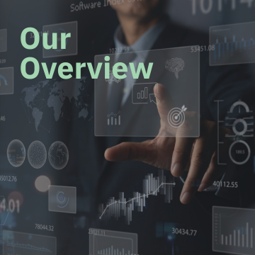 Business professional interacting with digital analytics dashboards and charts, representing the Aventi Group overview brochure