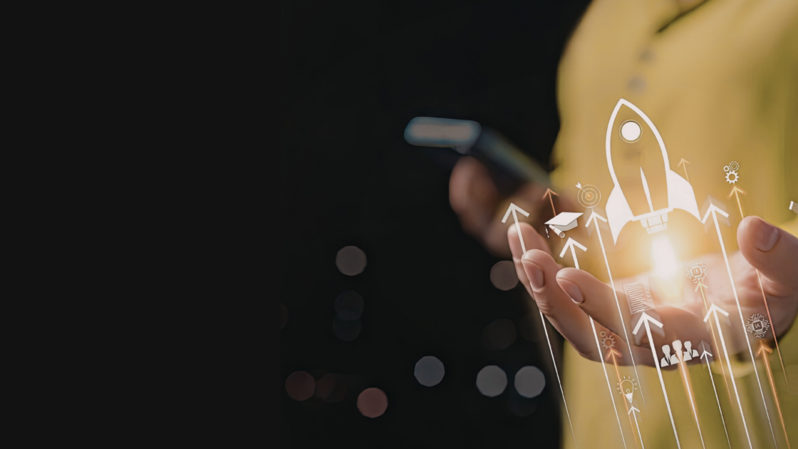 Rocket launching from a person’s hand with growth icons and upward arrows, representing strategies to avoid common mistakes in high-stakes B2B product launches.