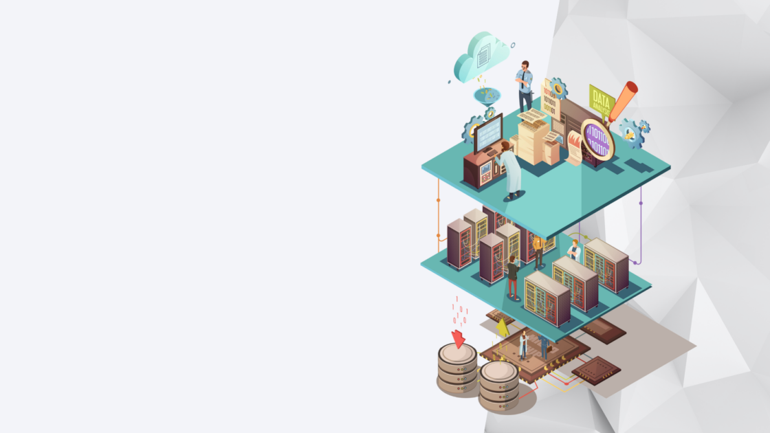 Layered illustration of data infrastructure, analytics, and cloud systems representing challenges fast-growing tech companies face as they scale operations.