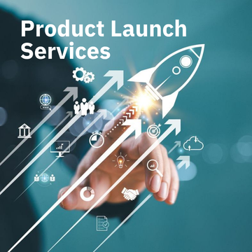 Rocket launching from a fingertip with growth icons and upward arrows, representing product launch services that drive momentum and market impact.