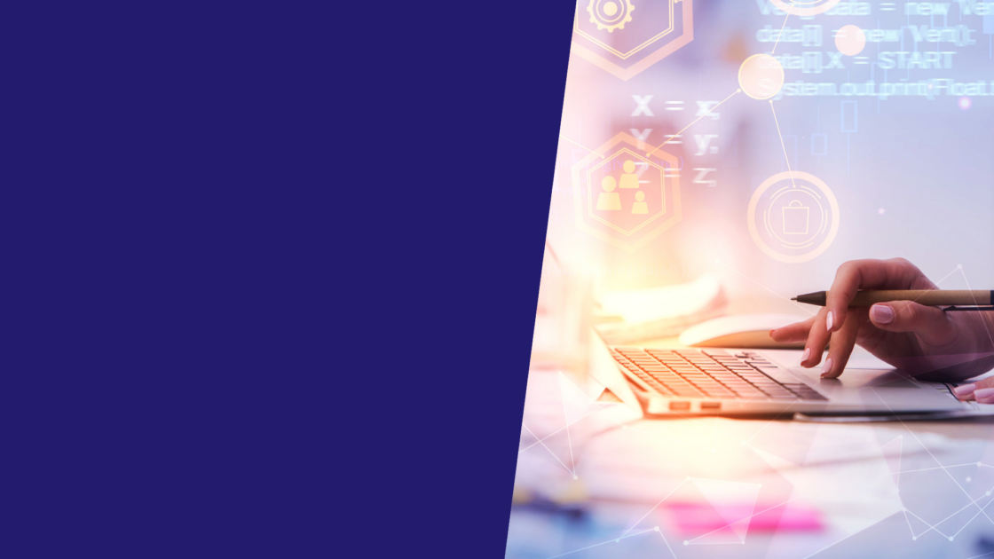 Professional using a laptop with digital interface overlays, representing AI in marketing and how modern marketing partners leverage AI tools to enhance strategy and execution.