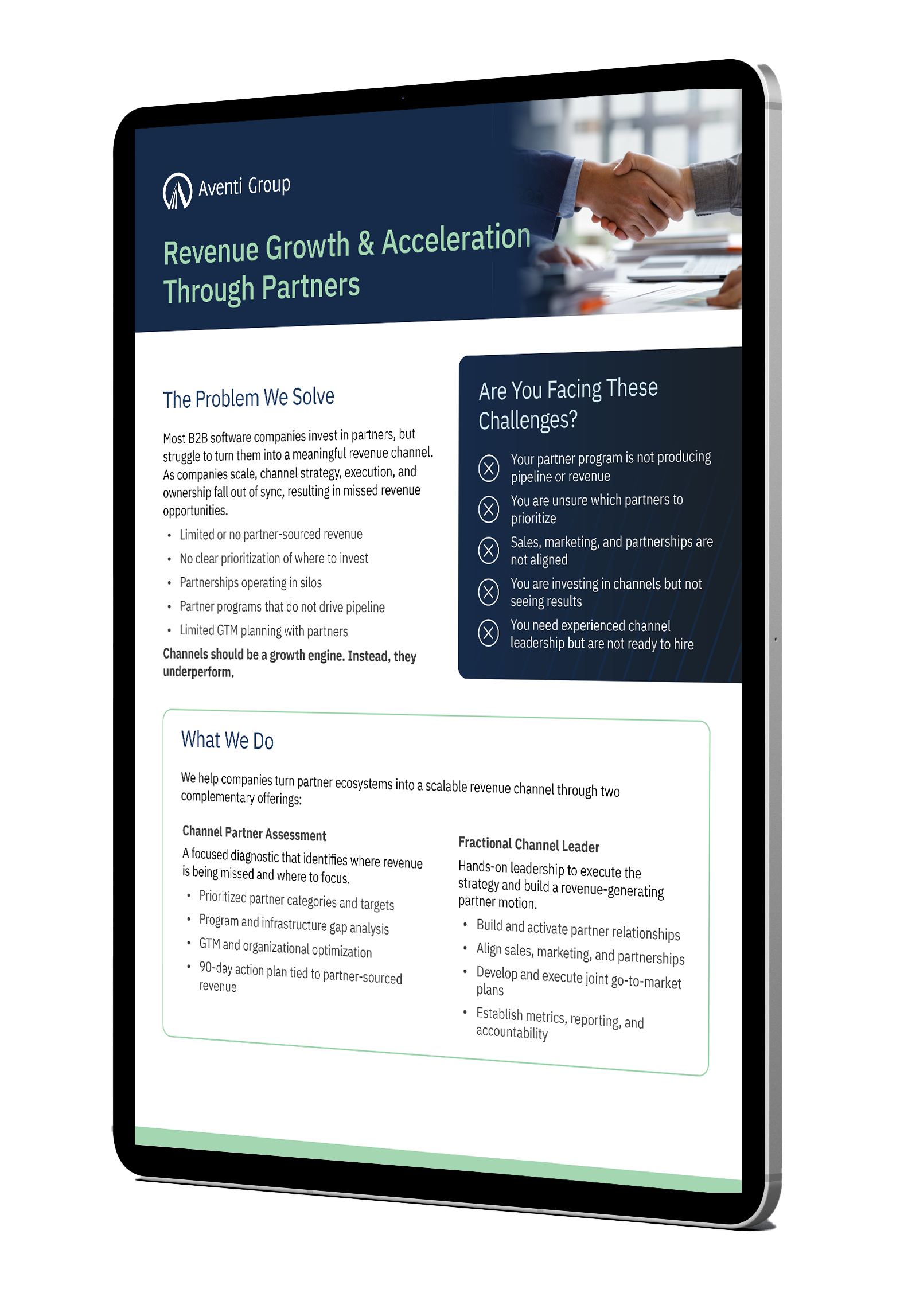 ipad displaying Aventi Group's Revenue Growth & Acceleration Through Partners Practice Brief
