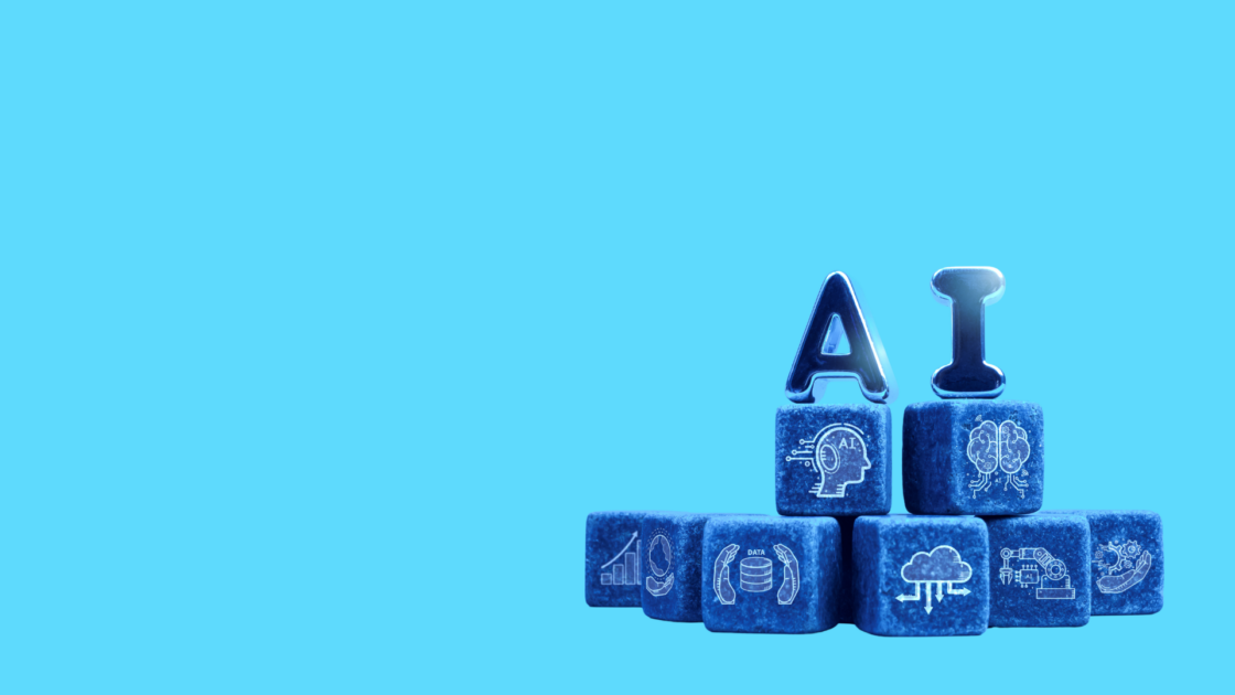 Stacked cubes labeled AI with icons representing data, automation, and analytics, illustrating four AI use cases for B2B product marketing.