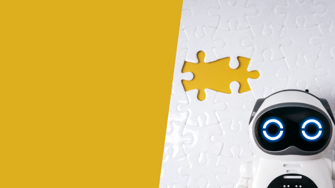 Robot next to a missing puzzle piece illustrating what it means to be good at AI, emphasizing problem-solving, critical thinking, and strategic use of artificial intelligence in marketing.