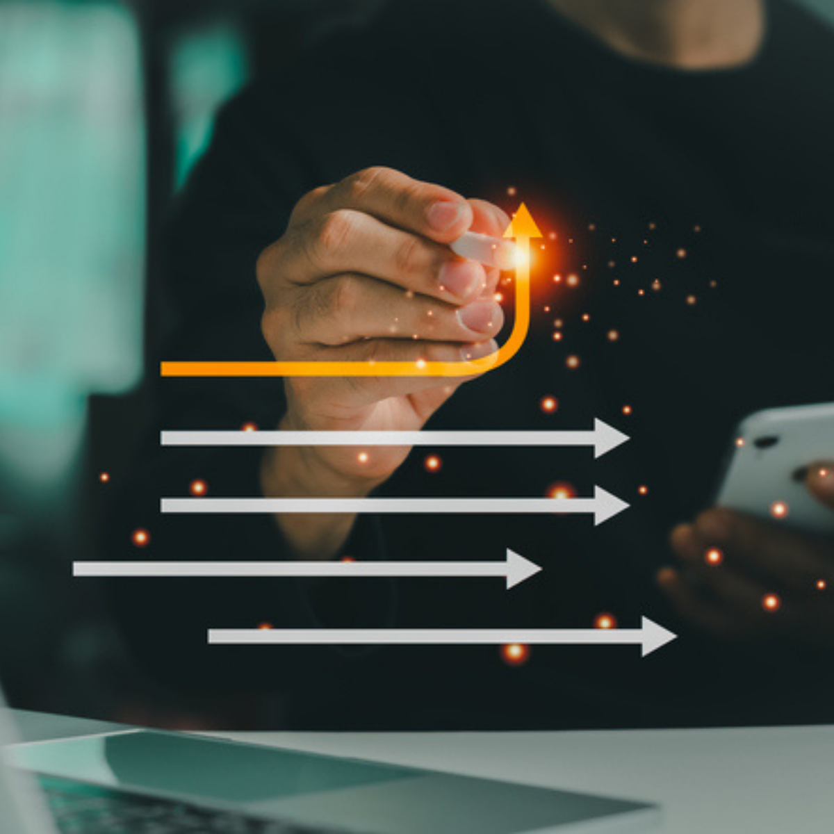 Hand drawing an upward growth line over horizontal arrows, representing channel partner assessment and performance improvement