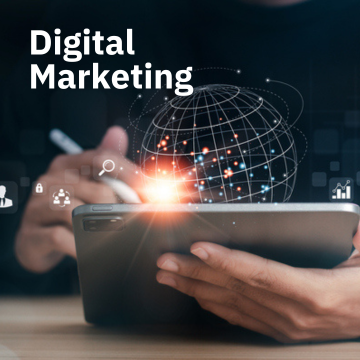Person using a tablet with digital globe and data overlays, representing strategic digital marketing and the use of data-driven channels to drive business growth.