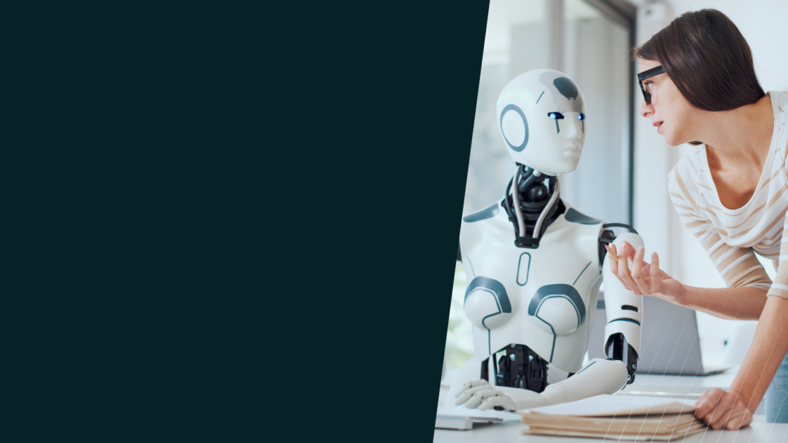 Business professional collaborating with a humanoid AI assistant, illustrating AI readiness and the organizational alignment required for successful B2B AI adoption.