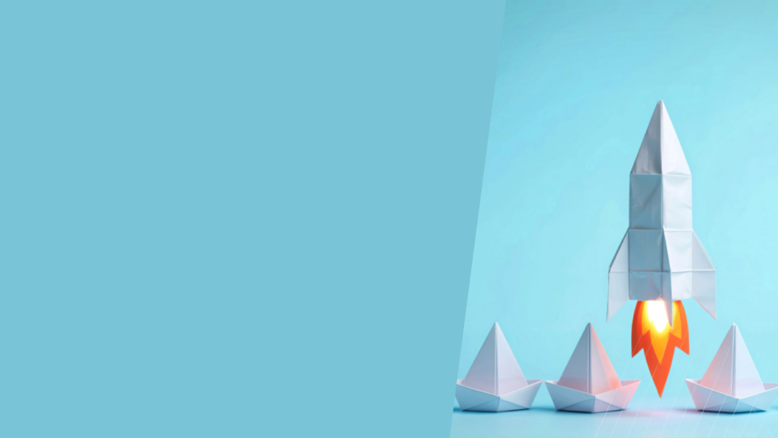 Paper rocket launching above a group of paper boats, symbolizing a B2B tech product launch, market differentiation, go-to-market execution, demand generation, and successful product introduction in a competitive market.