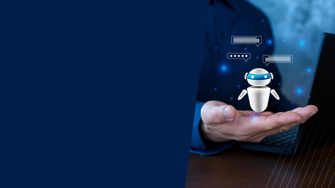 Business professional holding a virtual AI chatbot above an open hand, representing AI agents in channel programs, channel operations automation, partner enablement, and assessing organizational readiness before deploying AI-driven workflows.