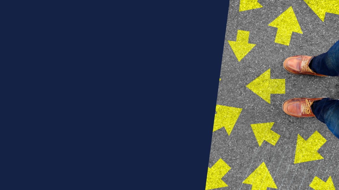 Business professional standing at a crossroads of directional arrows, illustrating the decision between GTM consulting vs product marketing and how B2B companies choose the right path for growth.