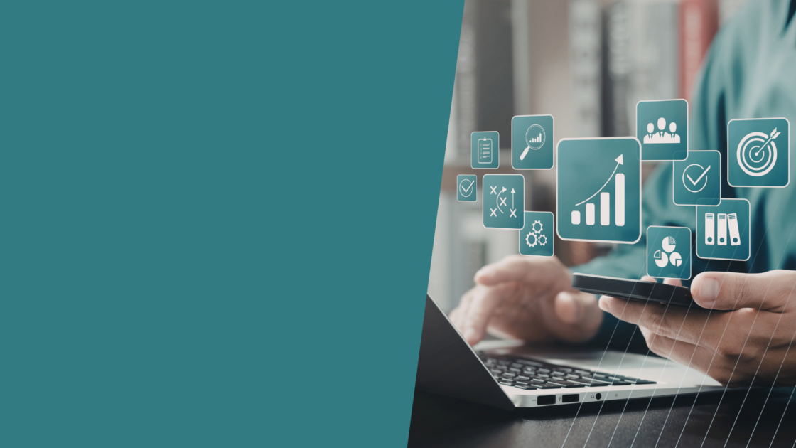 Business professional reviewing performance data on a laptop and mobile device with analytics dashboards and reporting icons, representing GTM strategy ROI measurement, attribution tracking, revenue performance analysis, and go-to-market effectiveness.