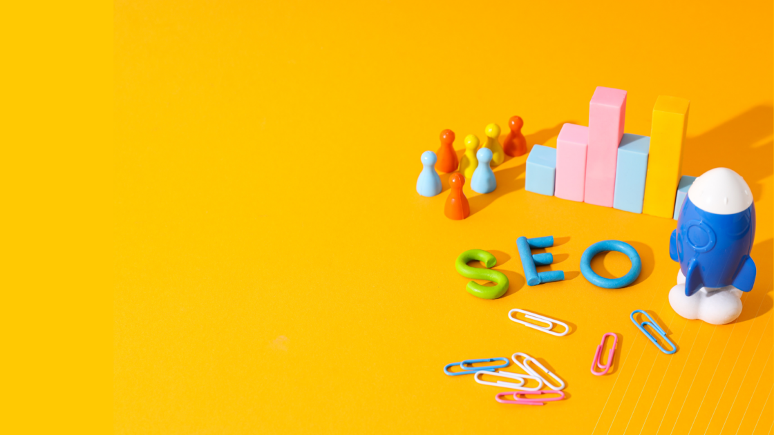 Colorful SEO elements with growth charts, icons, and a rocket, representing AI search optimization and how evolving SEO strategies drive visibility in AI-driven discovery.