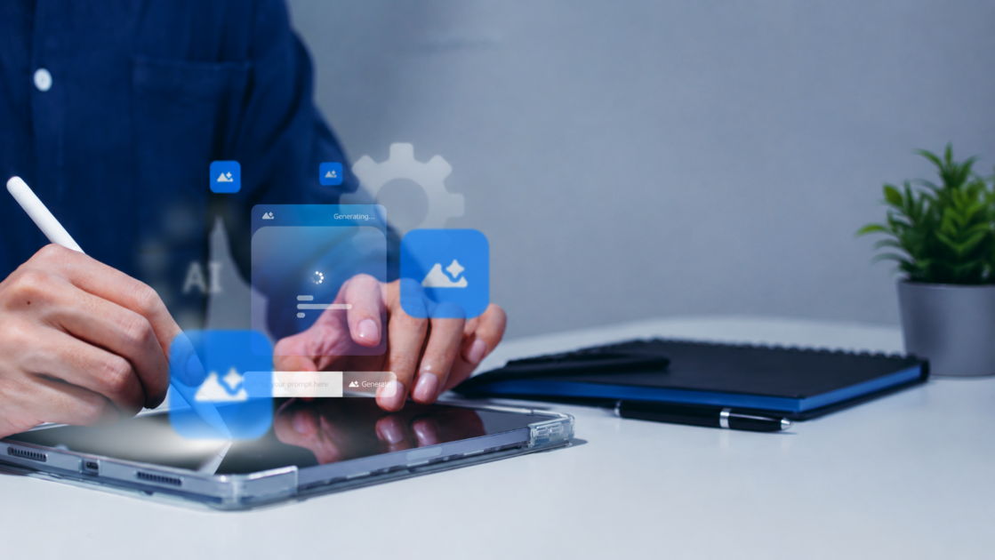 Person using a stylus on a tablet with AI image generation interface overlays, representing agentic AI marketing tools in action